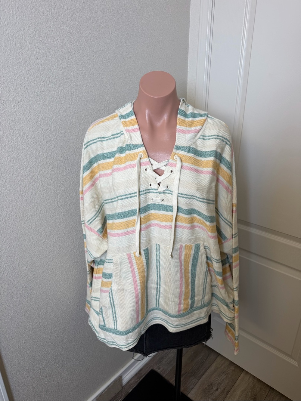 O'Neill Cream Striped Lace-Up Hoodie Sweater with Pastel Accents